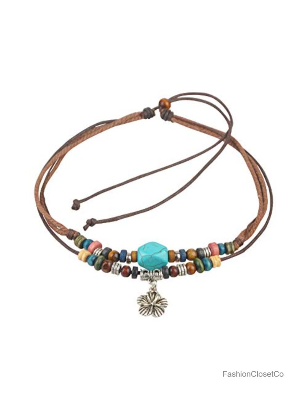 Boho Hemp Cord Choker Necklace with Turquoise Bead and Flower Pendant